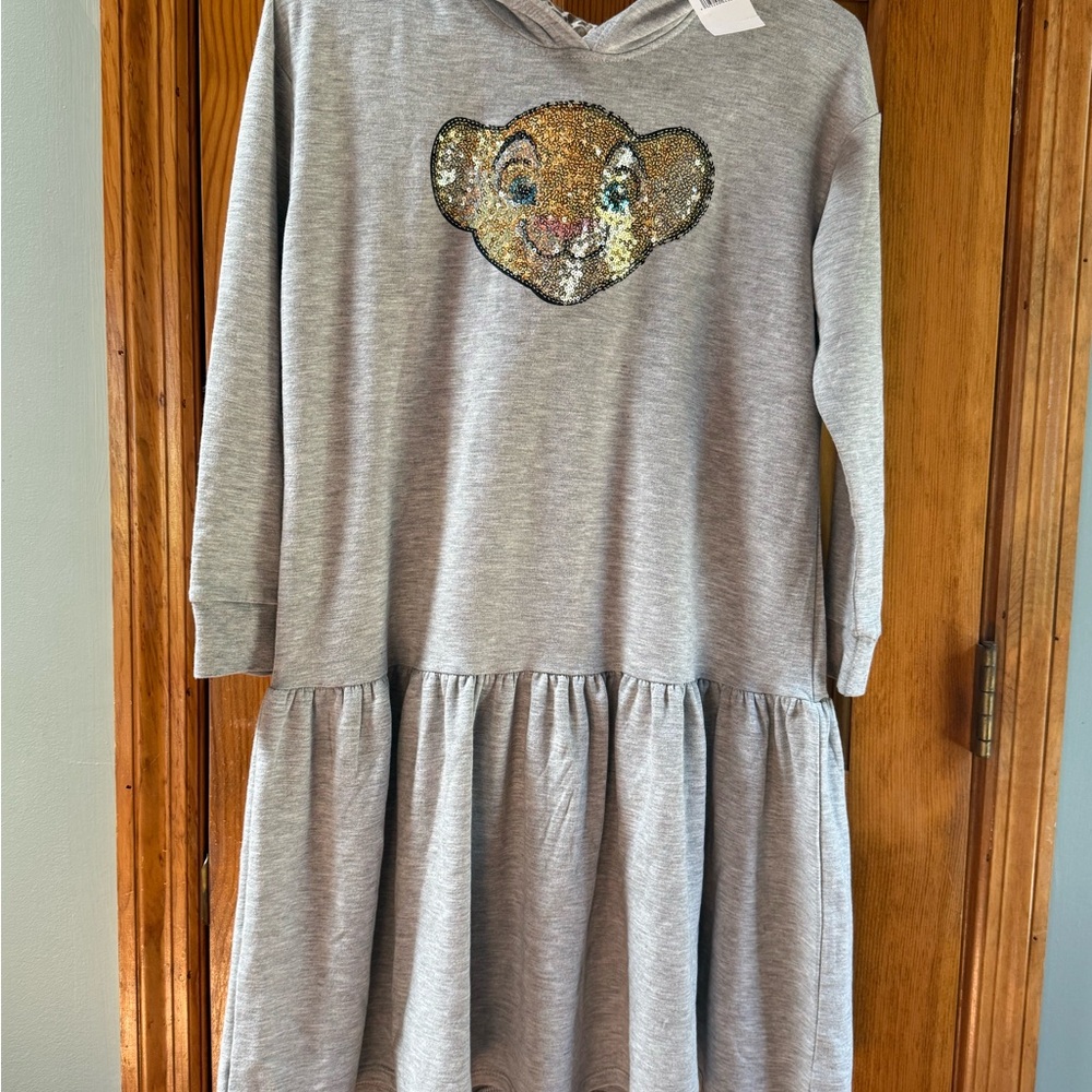 Disney Lion King Gray Girls hooded sweatshirt Dress Sequin Simba Design Large+